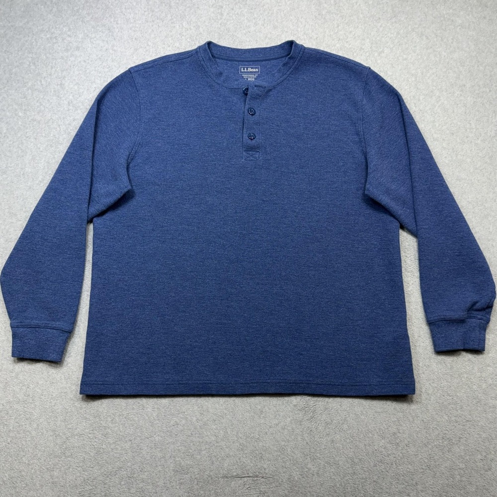 LL Bean Mini Waffle Henley Shirt Mens Large Blue Thermal Long Sleeve Cotton